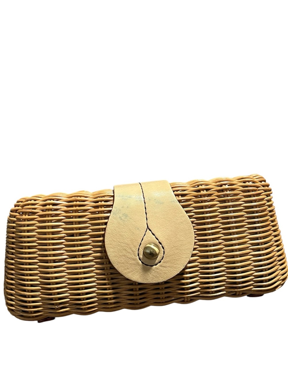 “AS-IS” SAVOY WOVEN WICKER CLUTCH  STRAW PURSE TAN LEATHER SNAP CLOSURE